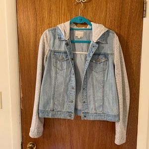 jean jacket with cotton sleeves and hood detail